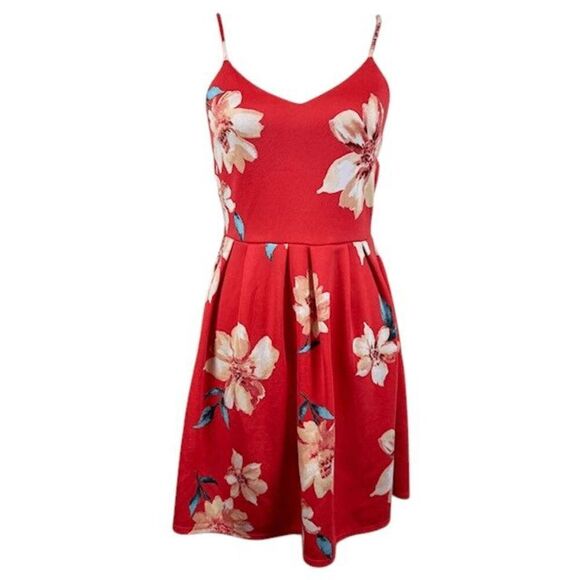 Monteau Los Angeles Mini Dress Coral Floral Print Strappy Stretchy Size Medium - Picture 1 of 11